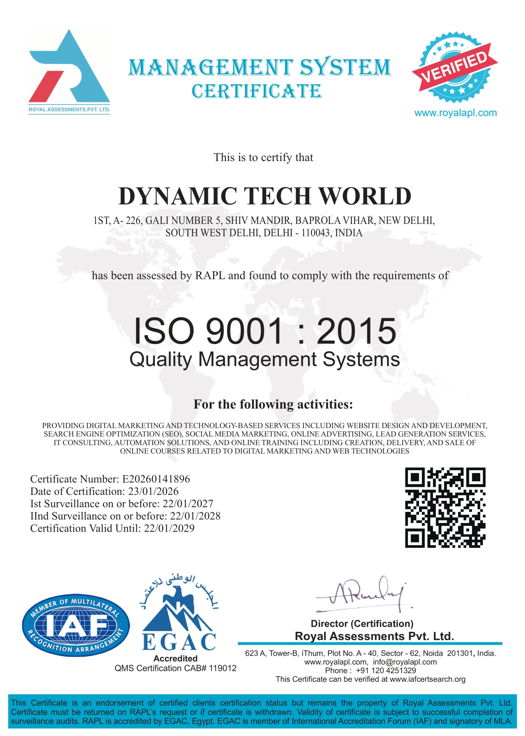 Dynamic Tech World ISO 9001:2015 Certification