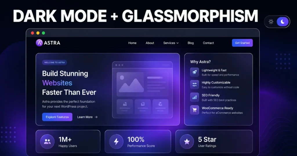 Astra theme dark mode toggle with glassmorphism UI panel